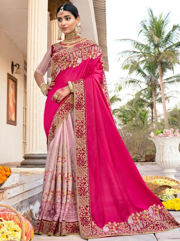 Pink Bridal Saree With Embroidered Saree