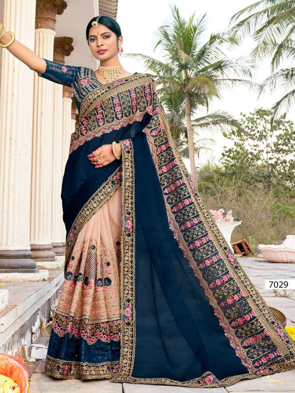 Blue And Cream Half N Half Embroidered Saree