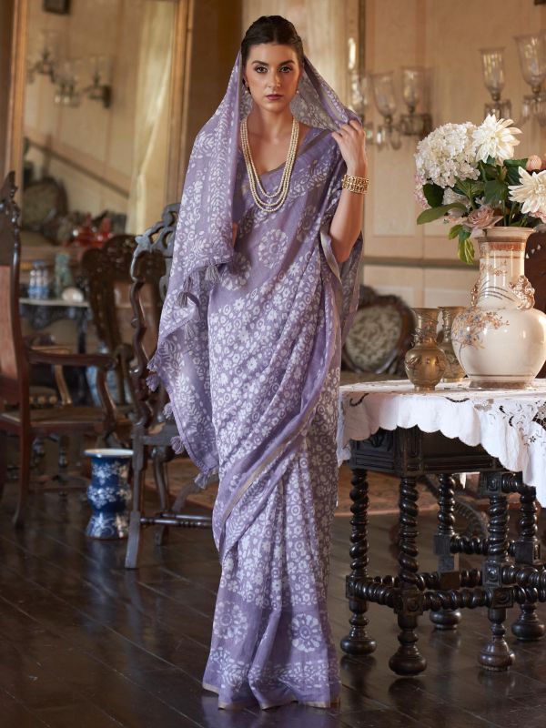 Purple Printed Casual Saree In Cotton