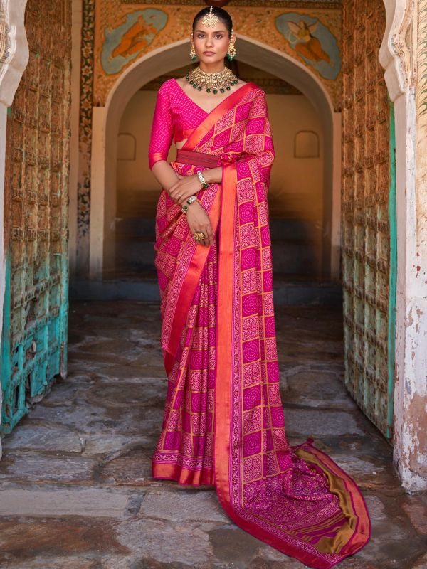 Pink Wedding Wear Saree With Prints