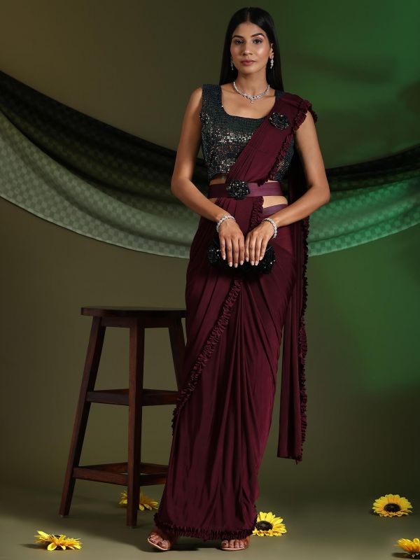 Maroon Pleated Lycra Saree With Sequined Blouse