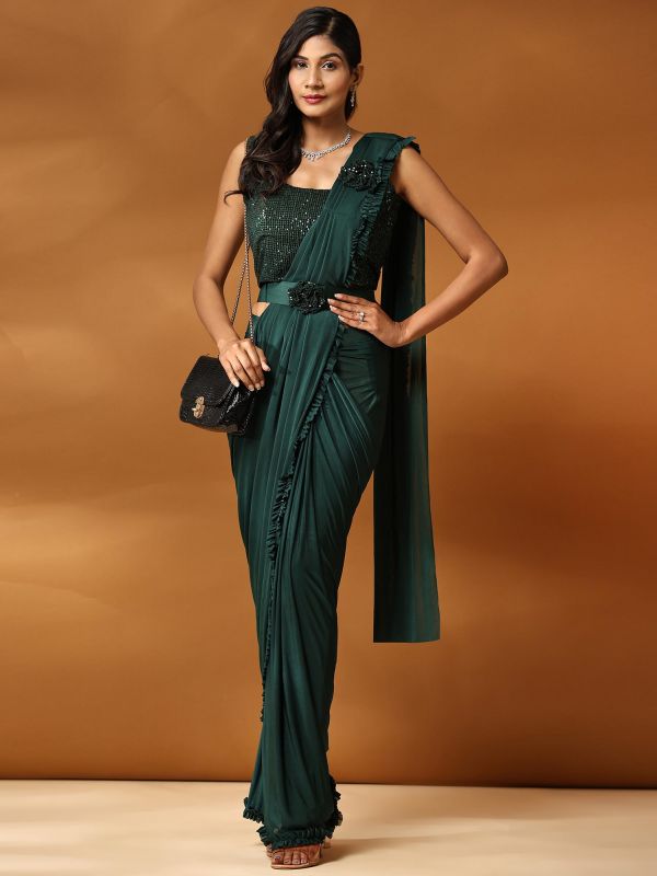 Green Pre-Stitched Cocktail Saree In Lycra