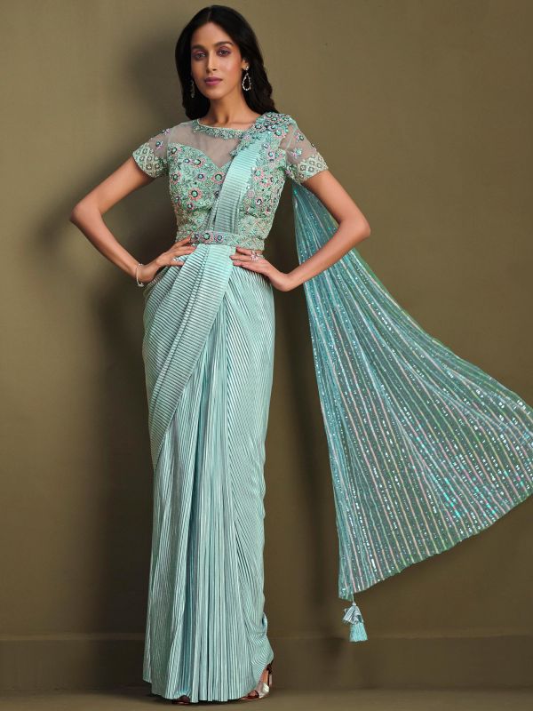Blue Pre-Stitched Crepe Saree With Embroidery
