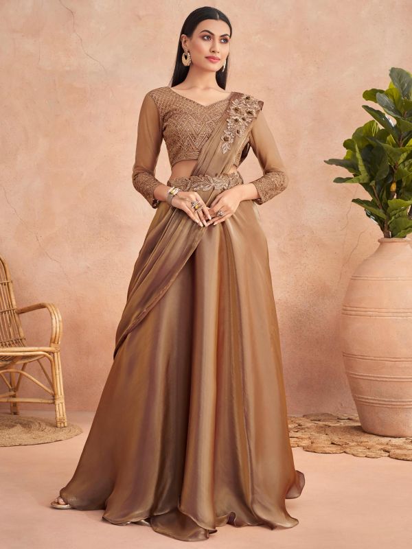 Brown Pre-Stitched Cocktail Saree In Satin