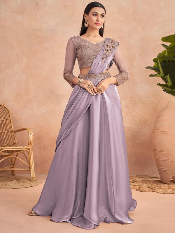 Purple Pre-Stitched Bridesmaid Saree In Satin