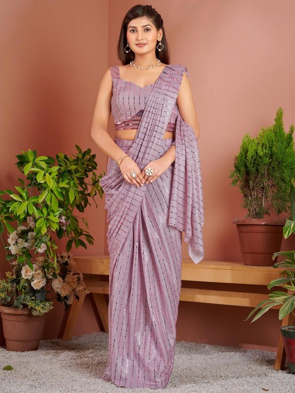 Purple Sequined Party Wear Saree In Lycra