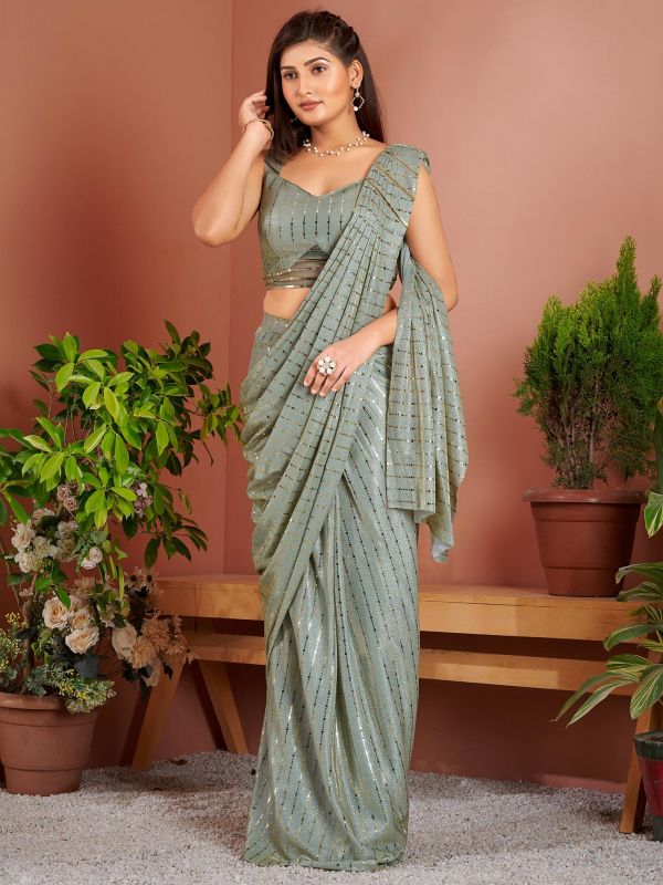 Green Sequins Embroidered Pre-Stitched Saree