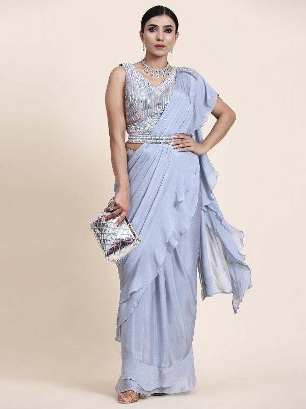 Silver Pre-Stitched Saree With Embroidered Blouse