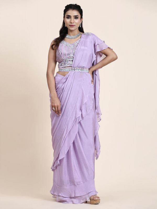 Purple Pre-Stitched Chiffon Saree With Blouse