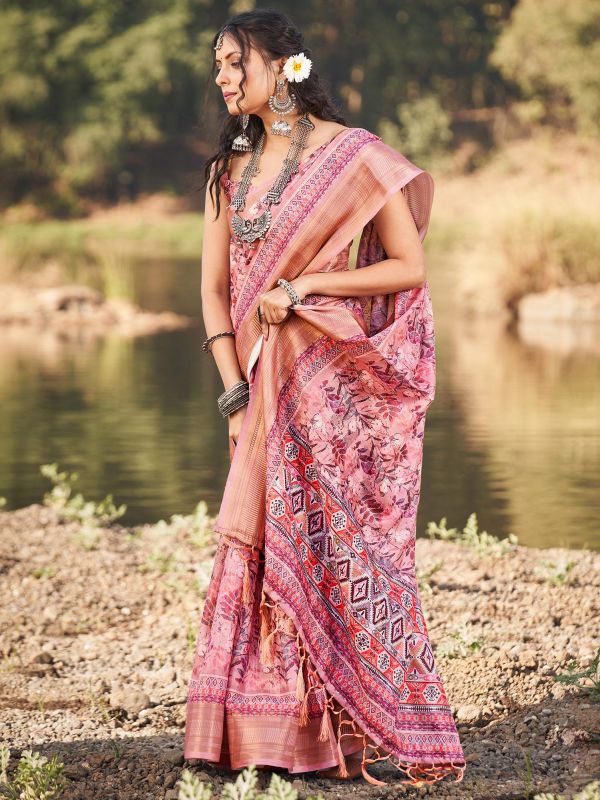 Pink Floral Printed Saree In Cotton