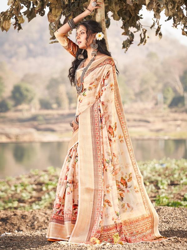 Cream Festive Wear Saree With Floral Prints