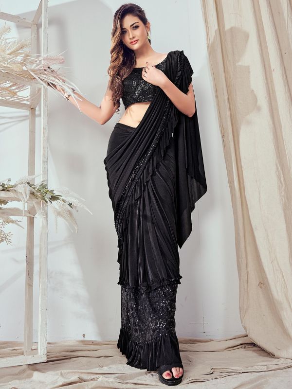 Black Ruffle Lycra Saree For Cocktail