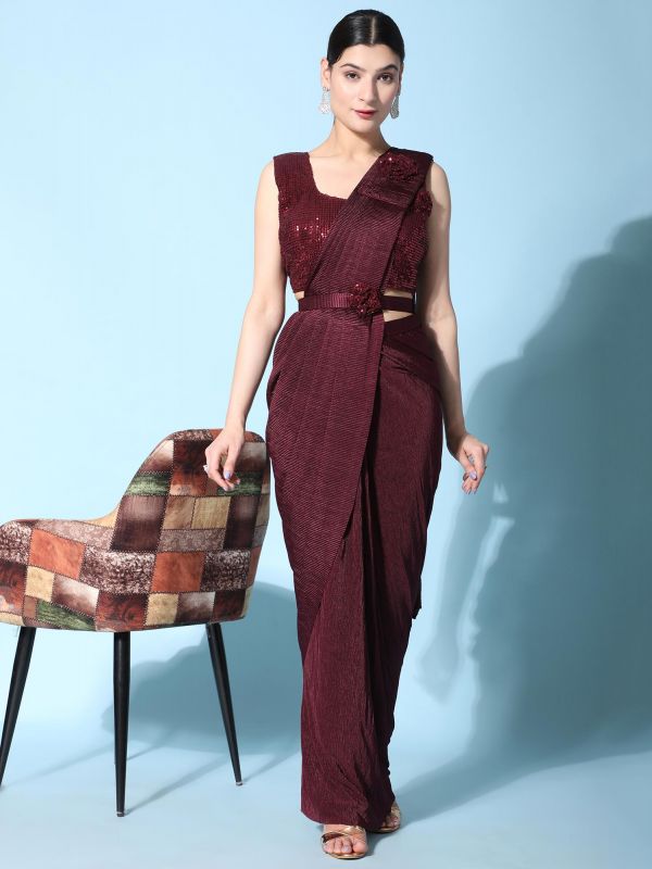 Maroon Pleated Pre-Stitched Lycra Saree