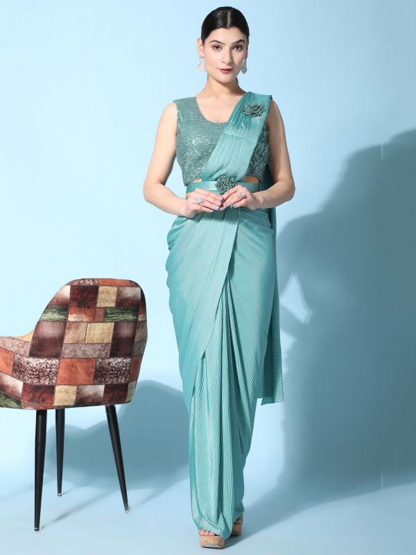 Turquoise Pre-Stitched Pleated Saree In Lycra