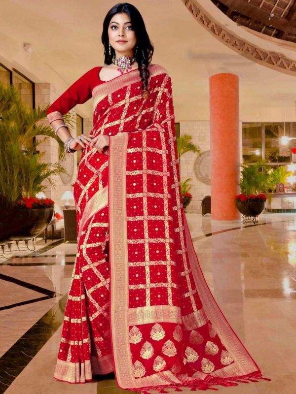 Red Bandhej Printed Festive Saree In Georgette