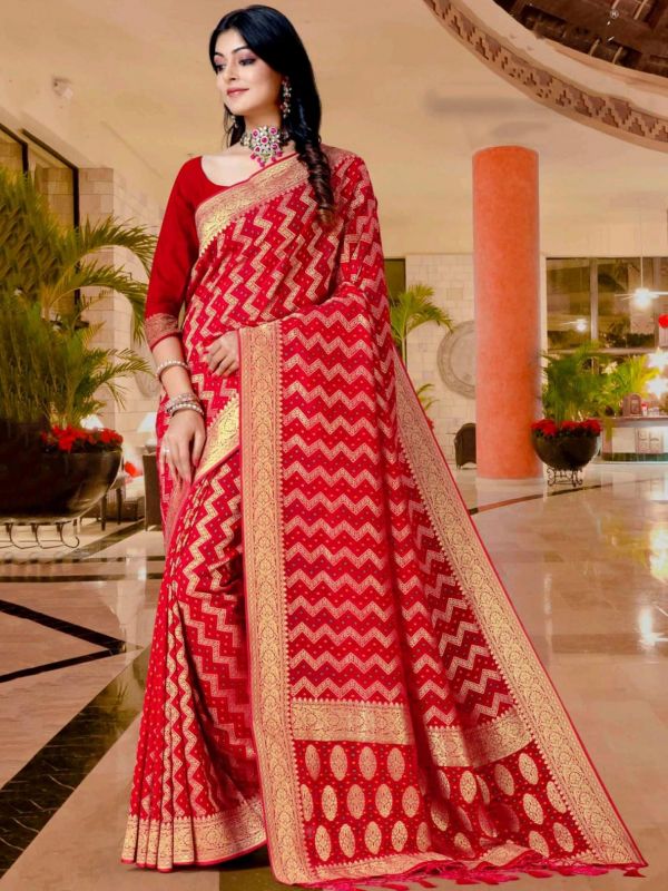 Red Festive Printed Georgette Saree With Blouse