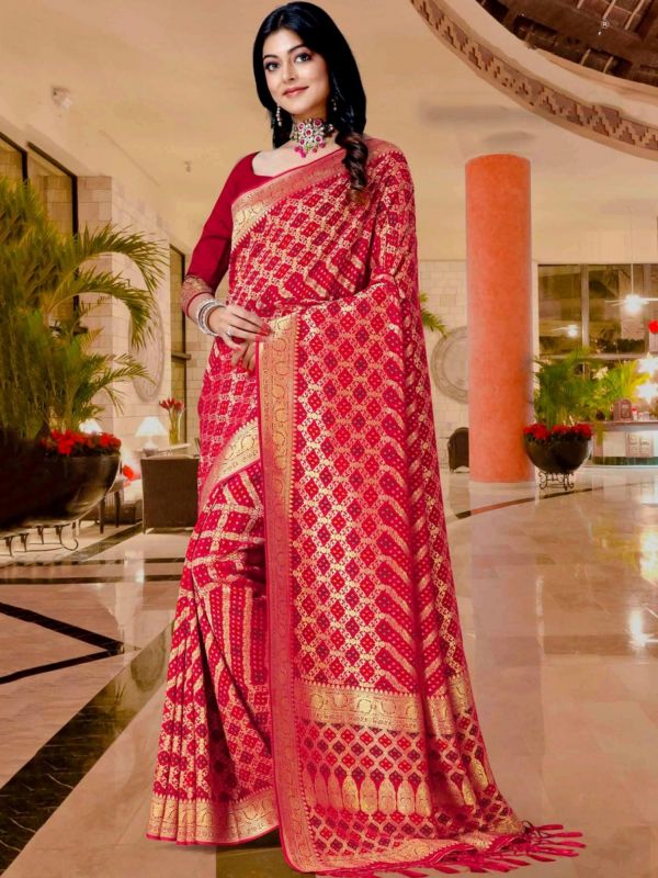 Red Georgette Saree With Bandani Prints