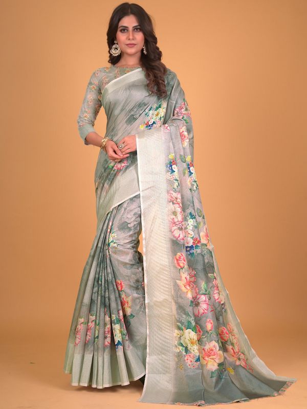 Grey Casual Wear Saree With Floral Prints
