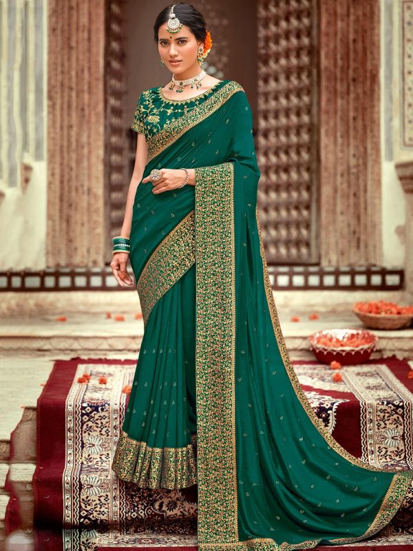 Green Wedding Wear Saree With Stone Work