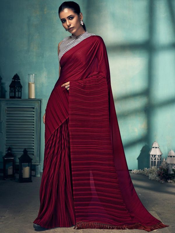Maroon Party Wear Saree In Crushed Georgette