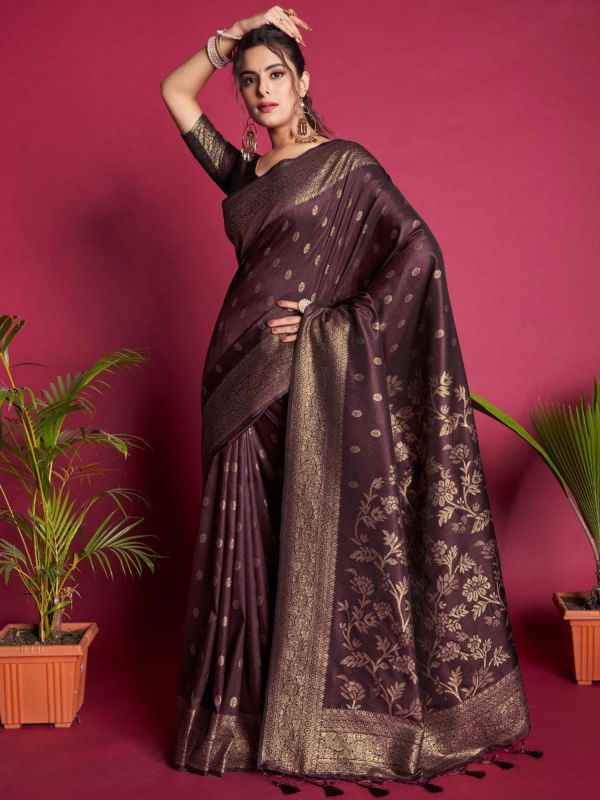 Brown Zari Woven Saree In Banarasi Silk