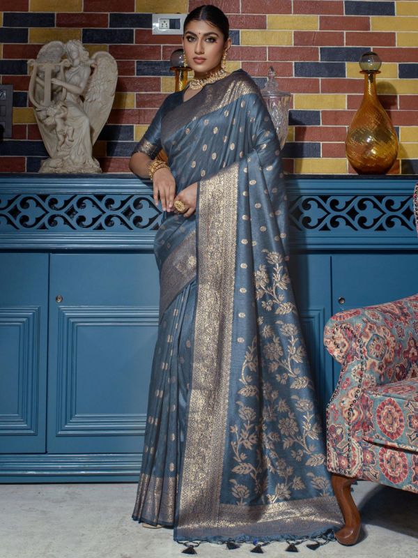 Grey Banarasi Silk Saree With Woven Borders