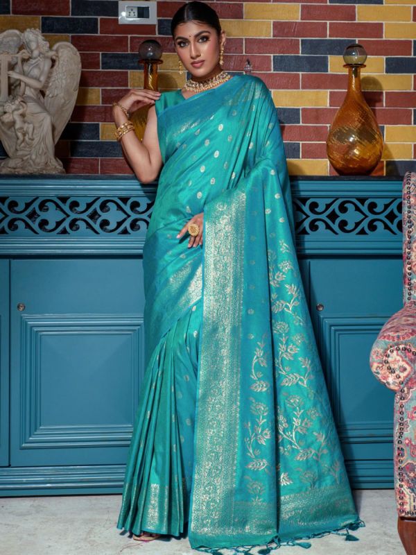 Blue Banarasi Silk Saree With Woven Borders