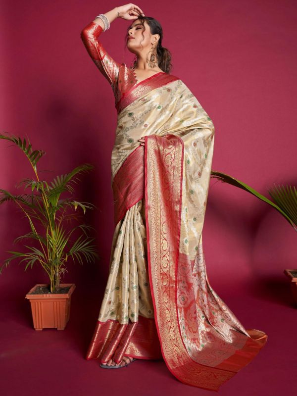 Beige Floral Woven Saree In Kanjivaram Silk