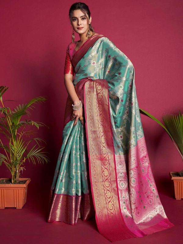 Blue Kanjivaram Silk Saree With Floral Weaves