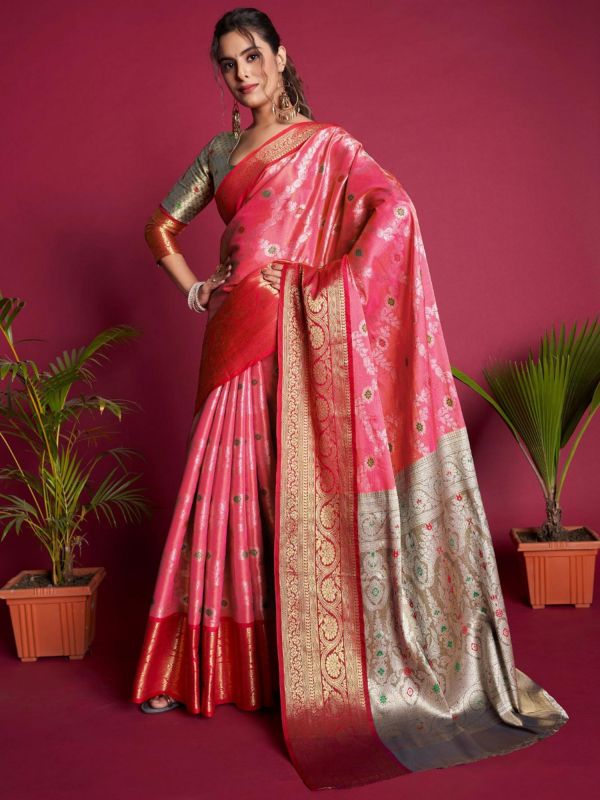 Pink Floral Woven Saree In Kanjivaram Silk