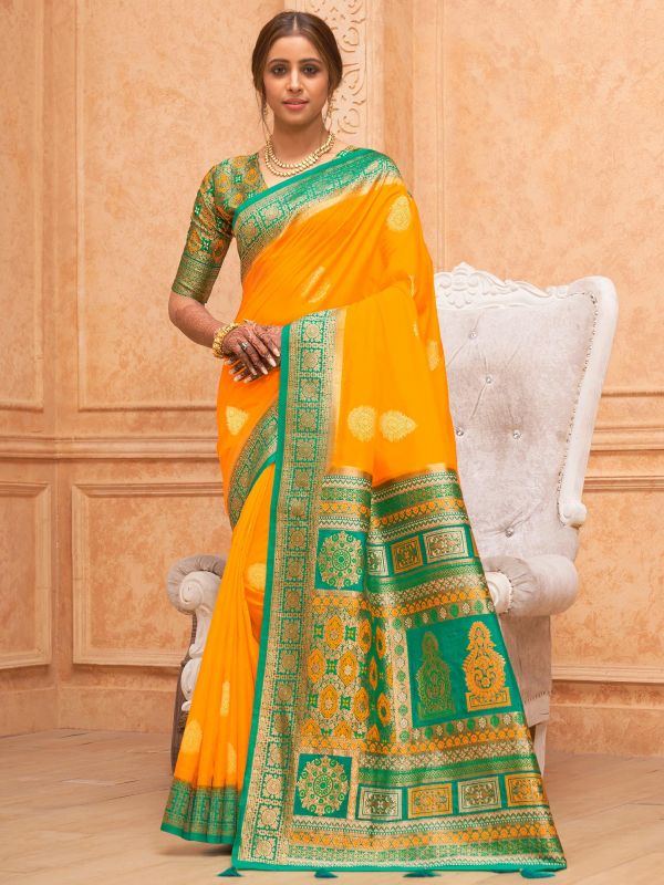 Yellow Woven Festive Silk Saree With Blouse