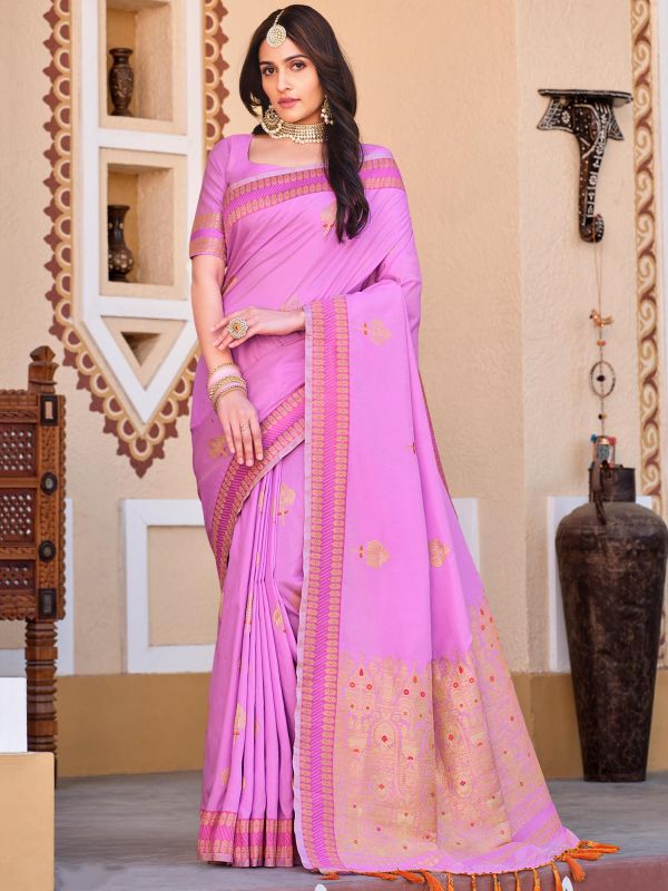 Pink Woven Wedding Wear Saree In Silk