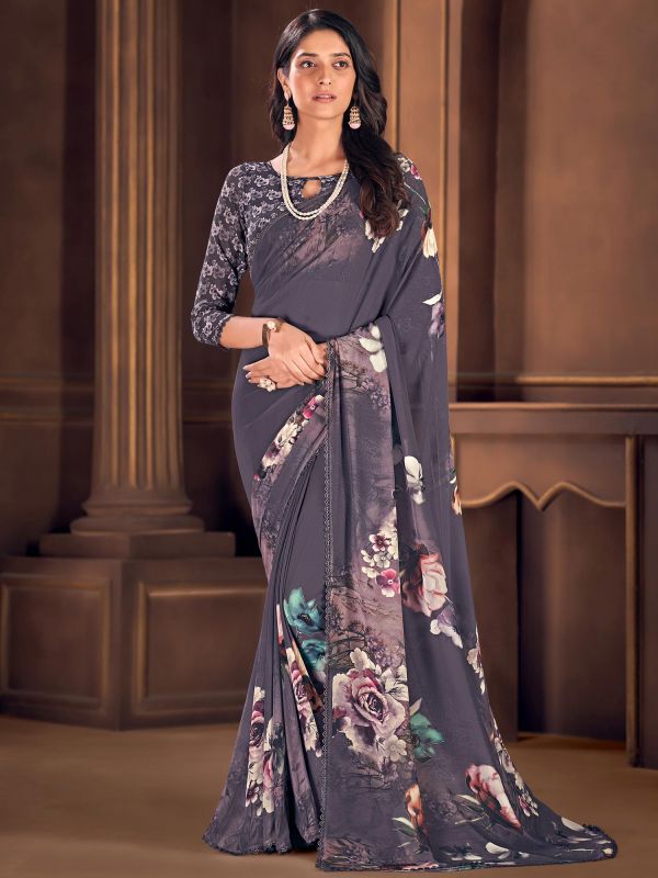 Grey Floral Printed Casual Wear Saree