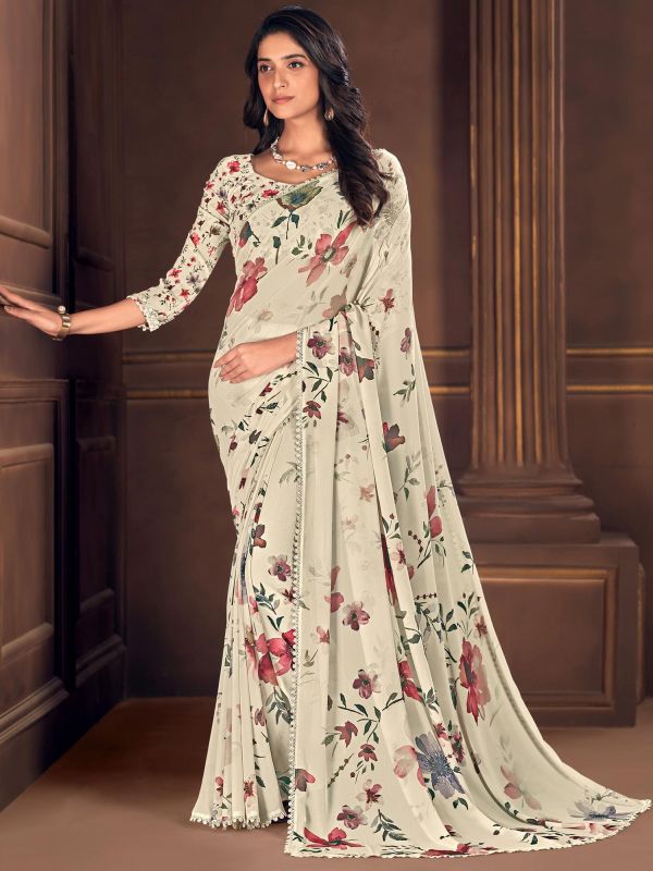 Off White Floral Saree In Georgette
