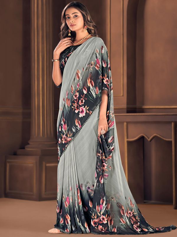 Grey And Black Floral Saree In Georgette