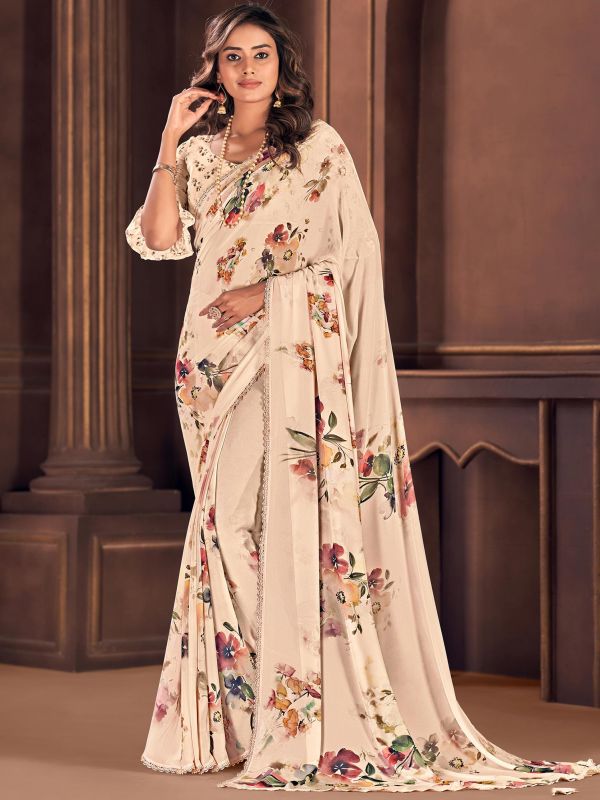 Beige Floral Printed Casual Wear Saree