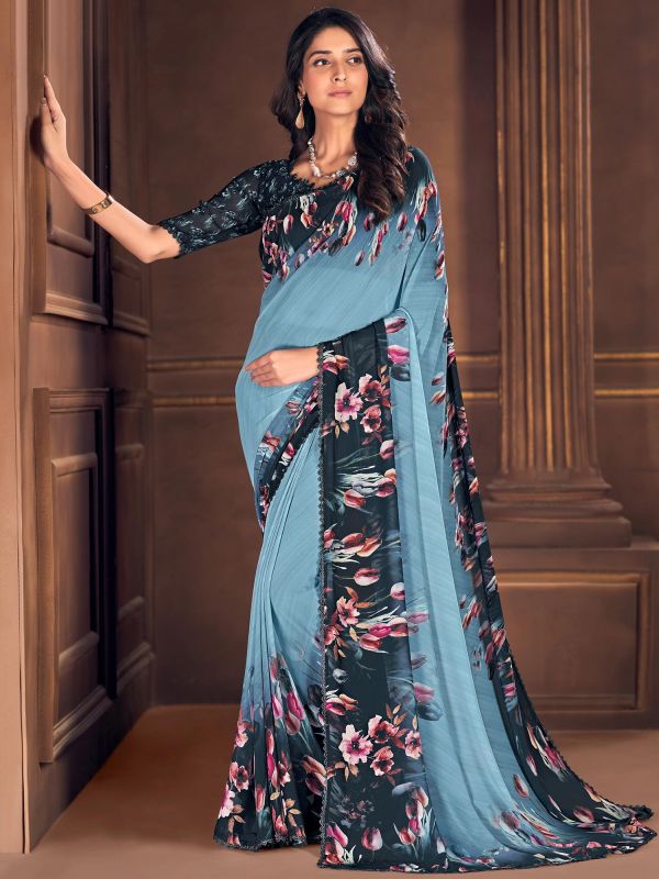Blue Floral Printed Saree In Georgette