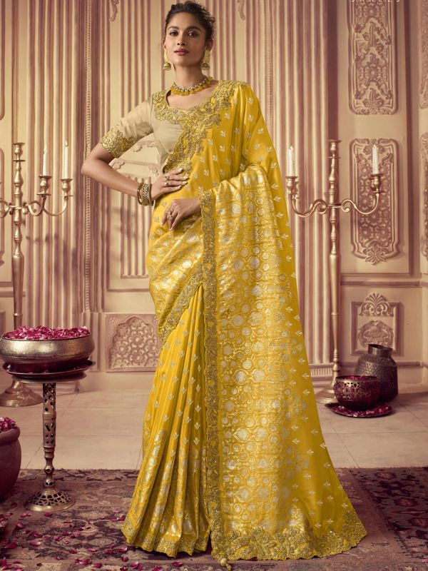 Yellow Wedding Wear Silk Saree With Embroidery