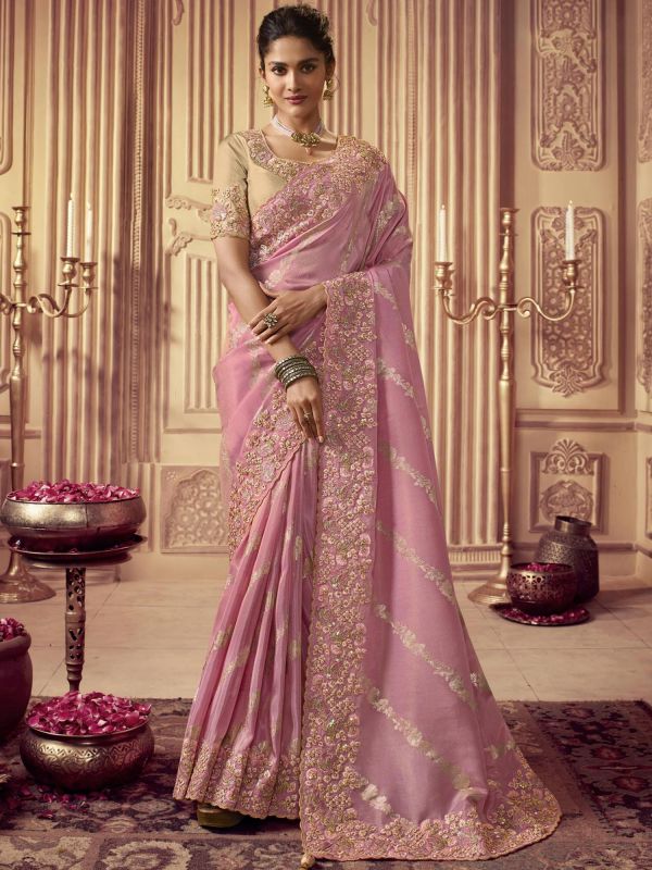 Pink Wedding Wear Silk Saree With Embroidery