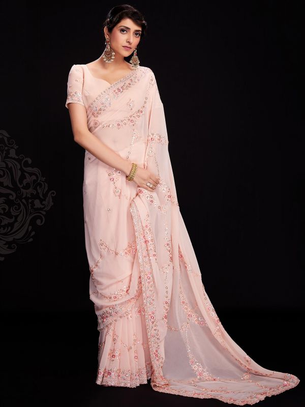 Pink Embroidered Festive Sari In Georgette