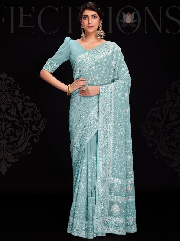 Blue Festive Georgette Sari With Chikankari Work
