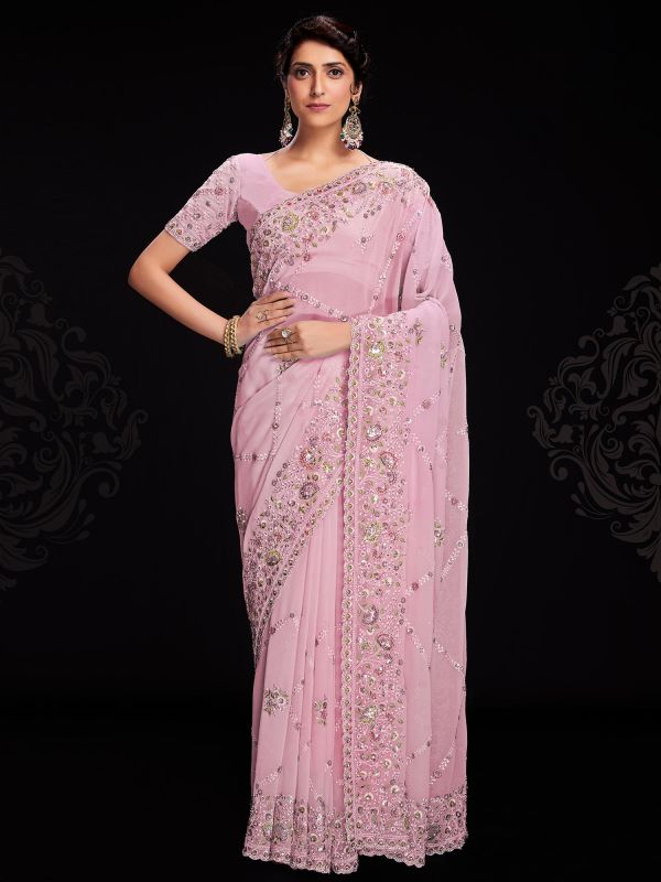 Pink Georgette Festive Sari With Embroidery