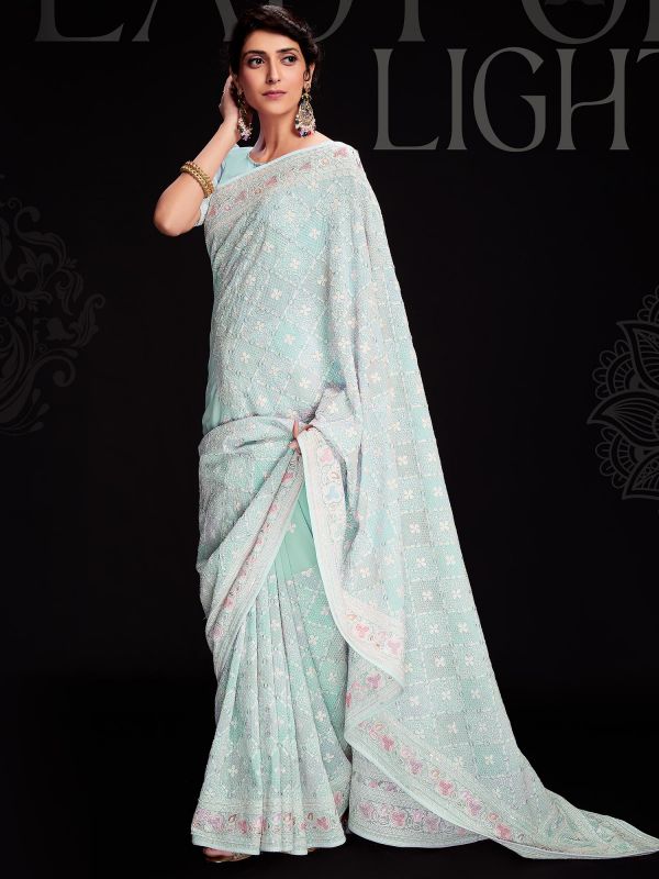 Blue Georgette Sari With Chikankari Embroidery