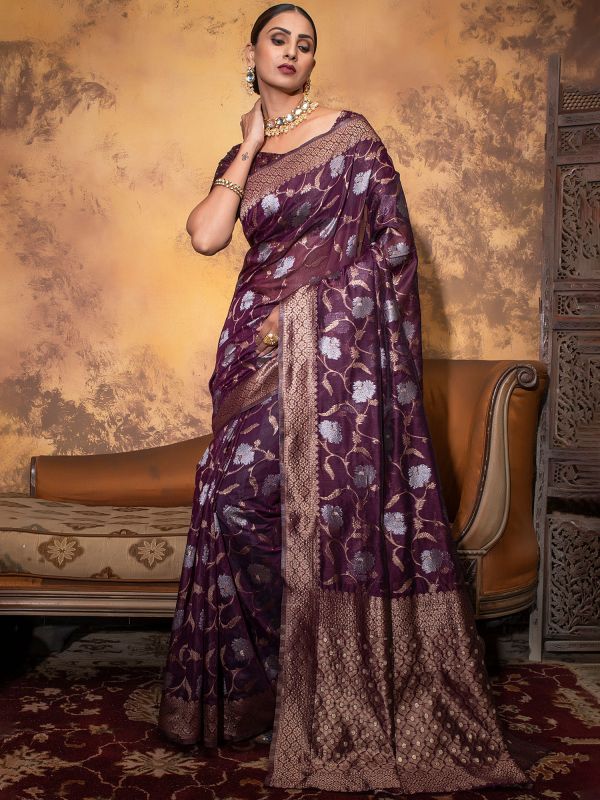 Purple Woven Festive Sari With Blouse