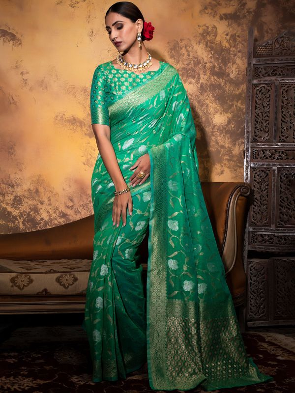 Green Party Wear Sari With Woven Work