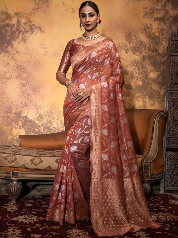 Brown Party Wear Sari With Woven Work