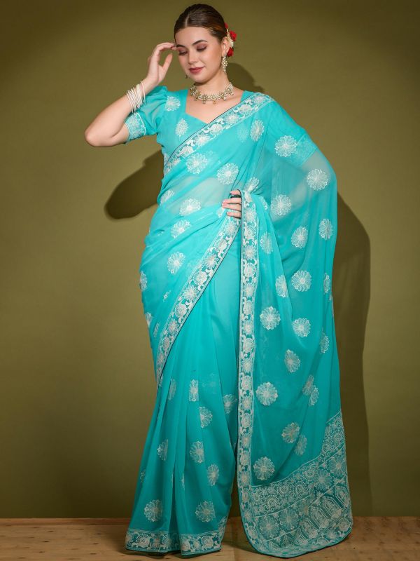 Blue Thread Embroidered Saree In Georgette
