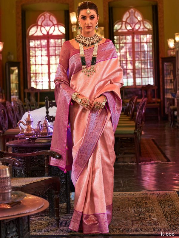 Peach Festive Silk Sari With Woven Work