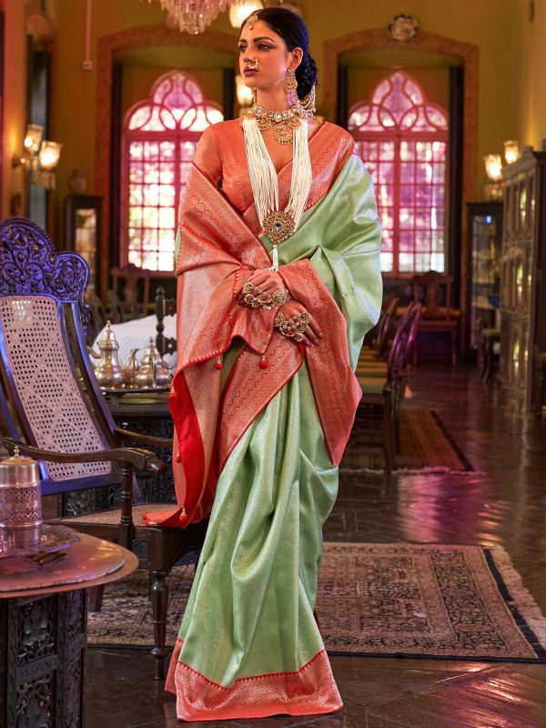 Green Wedding Wear Sari In Silk