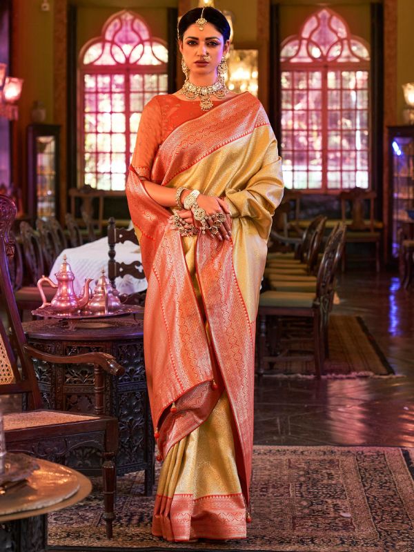 Golden Woven Festive Saree In Silk